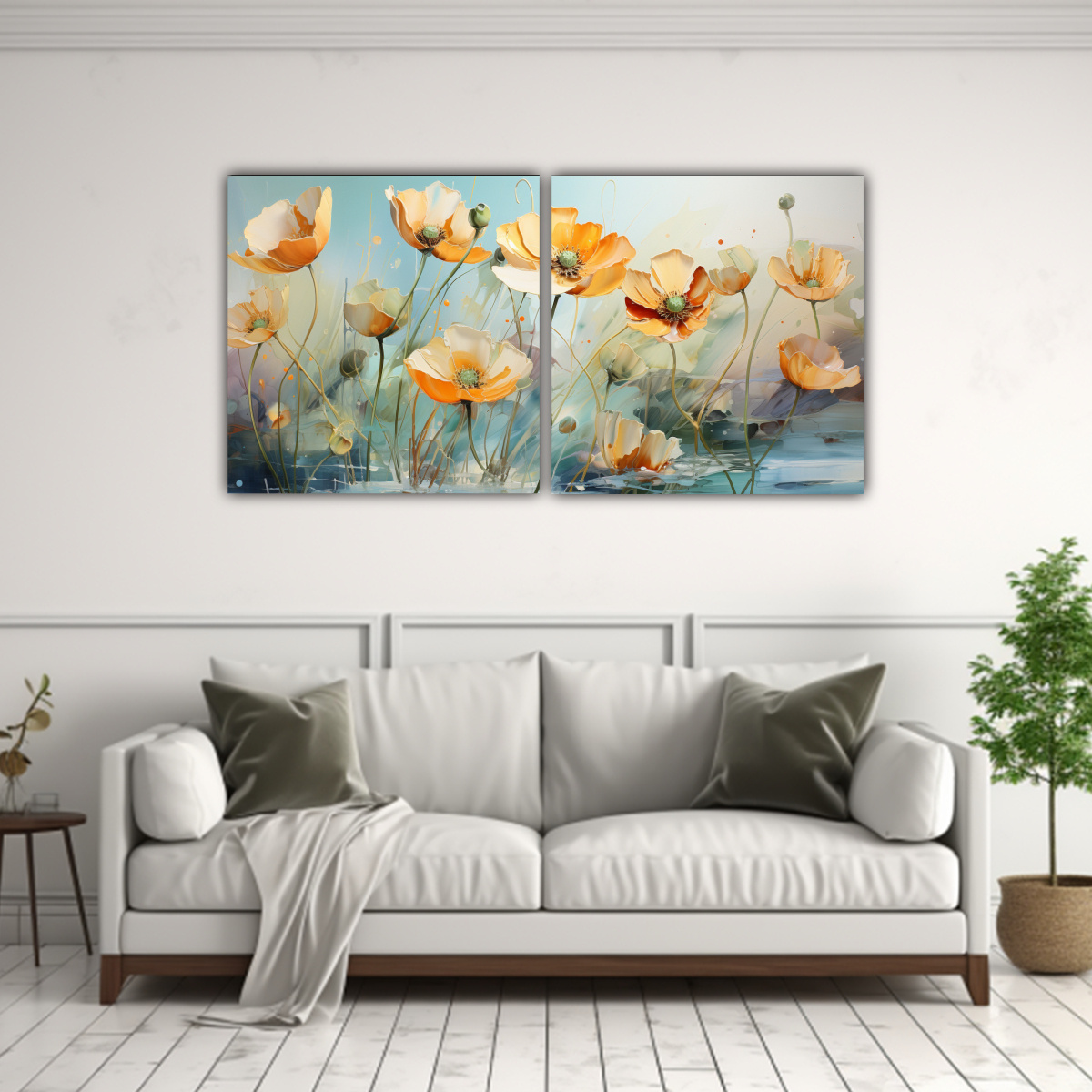 pintura-abstracta-est-tica-con-flores-buttercups-en-colores-verde-y-naranja-1