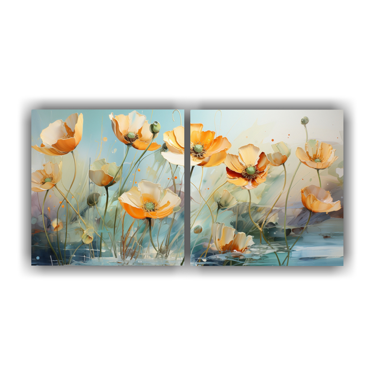 pintura-abstracta-est-tica-con-flores-buttercups-en-colores-verde-y-naranja