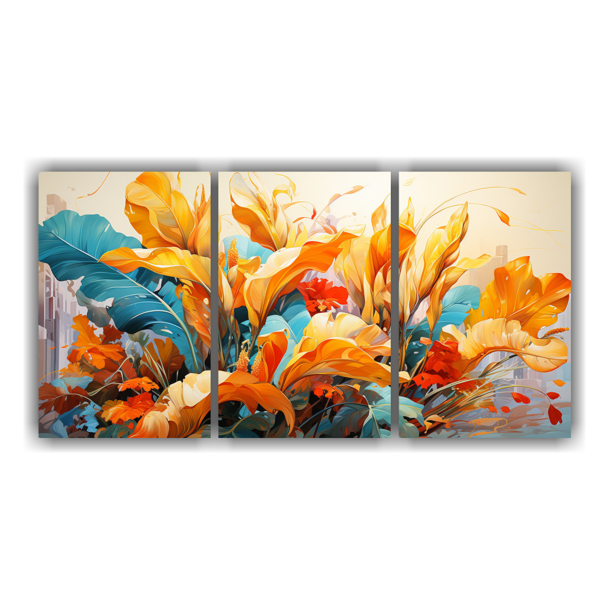 pintura-abstracta-multicolor-rbol-de-pl-tano-en-naranja-y-dorado-set-de-3-obras-de-arte-de-pared