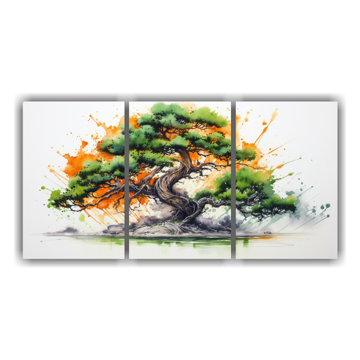 pintura-abstracta-set-3-canvas-creativa-impactante-bonsai-tree-colores-verde-y-naranja-para-decoraci-n