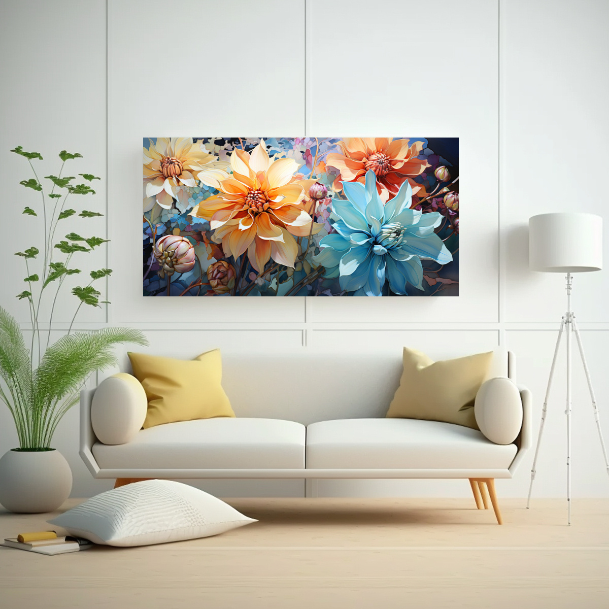 pintura-de-arte-de-pared-abstracta-de-dalias-en-verde-y-turquesa-1