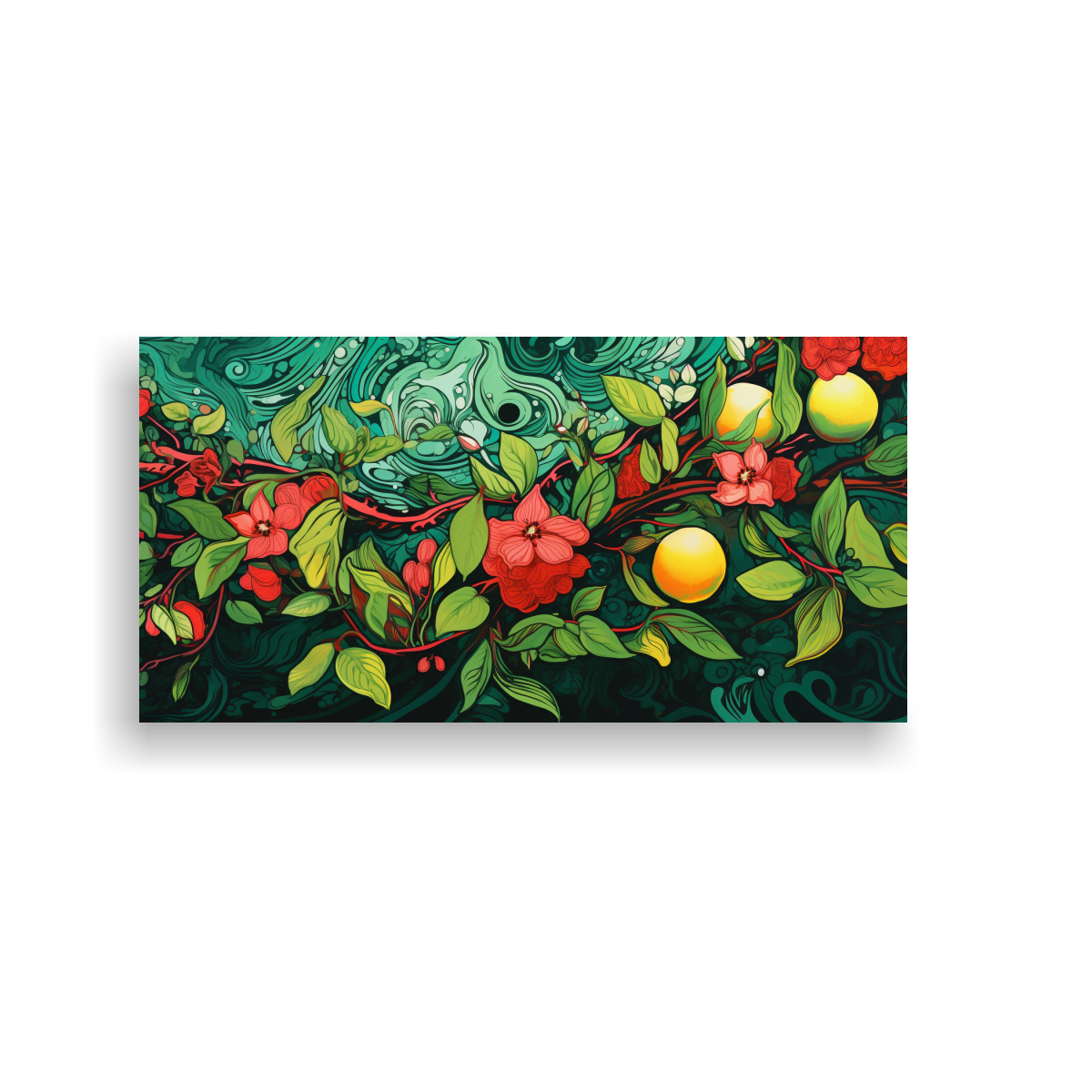 pintura-de-decoraci-n-con-bastidor-en-tonos-alegres-de-un-limonero-en-verde-y-rojo-con-ambiente-neonoir