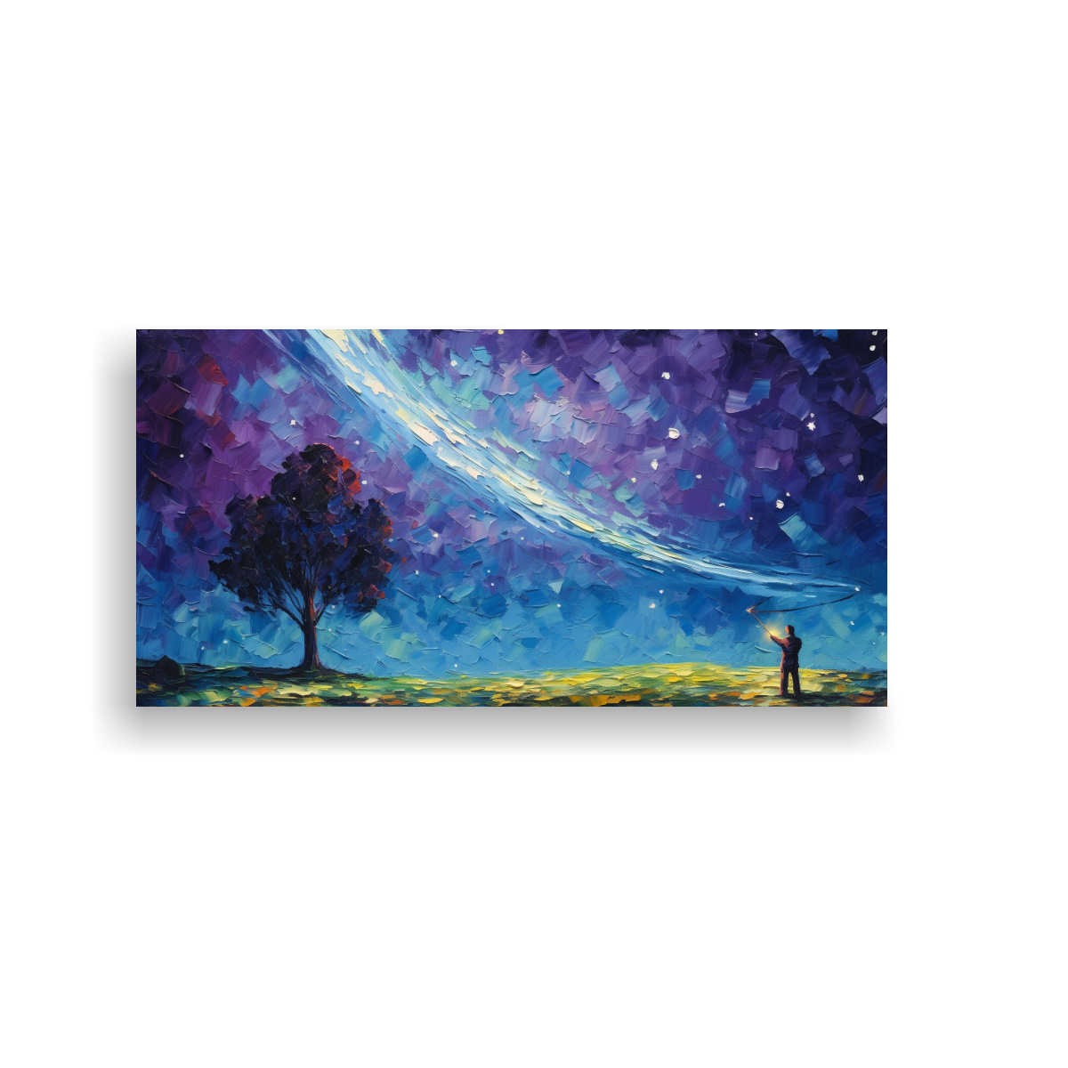 pintura-de-pared-noche-estrellada-de-un-hombre-volando-una-cometa-en-morado-y-turquesa-