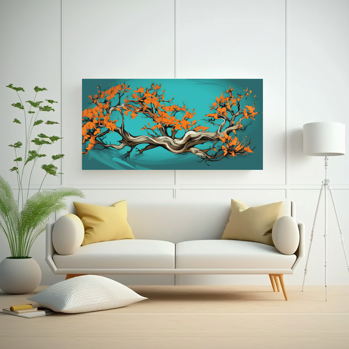 pintura-decorativa-arte-hermoso-ambiente-rbol-de-enebro-en-tonos-turquesa-y-naranja-neonoir-1