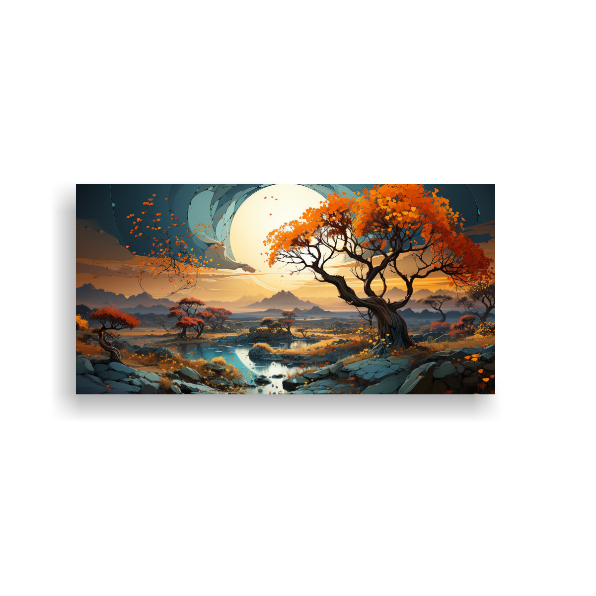 pintura-decorativa-de-cuadro-vanguardia-en-tonos-turquesa-y-dorado-con-rbol-de-sabana-y-desierto-