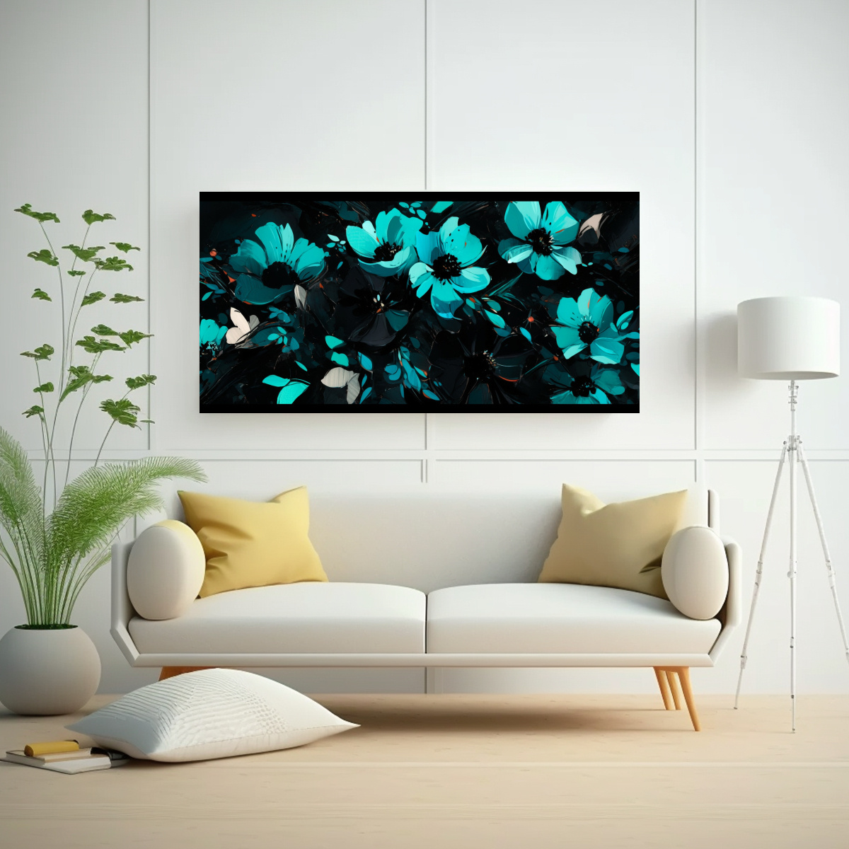 pintura-en-lienzo-con-motivo-de-flores-en-turquesa-y-negro-de-arte-finas-lineas-1