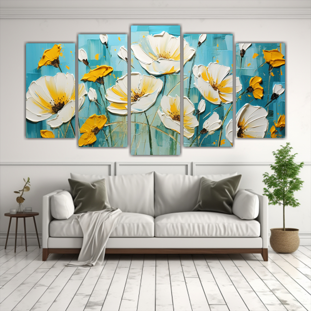 pintura-en-lienzo-de-flores-amarillas-y-cian-arte-hecho-a-mano-1