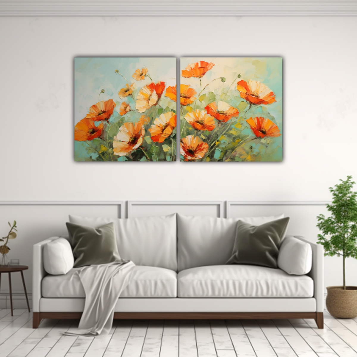 pintura-en-lienzo-de-flores-en-colores-verde-y-naranja-de-la-l-nea-de-imagen-lineales-dos-artes-1