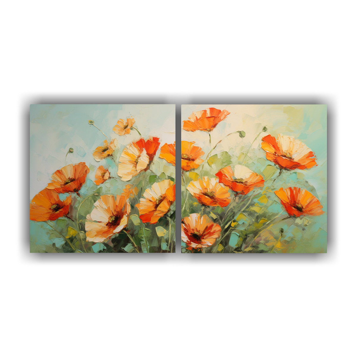 pintura-en-lienzo-de-flores-en-colores-verde-y-naranja-de-la-l-nea-de-imagen-lineales-dos-artes