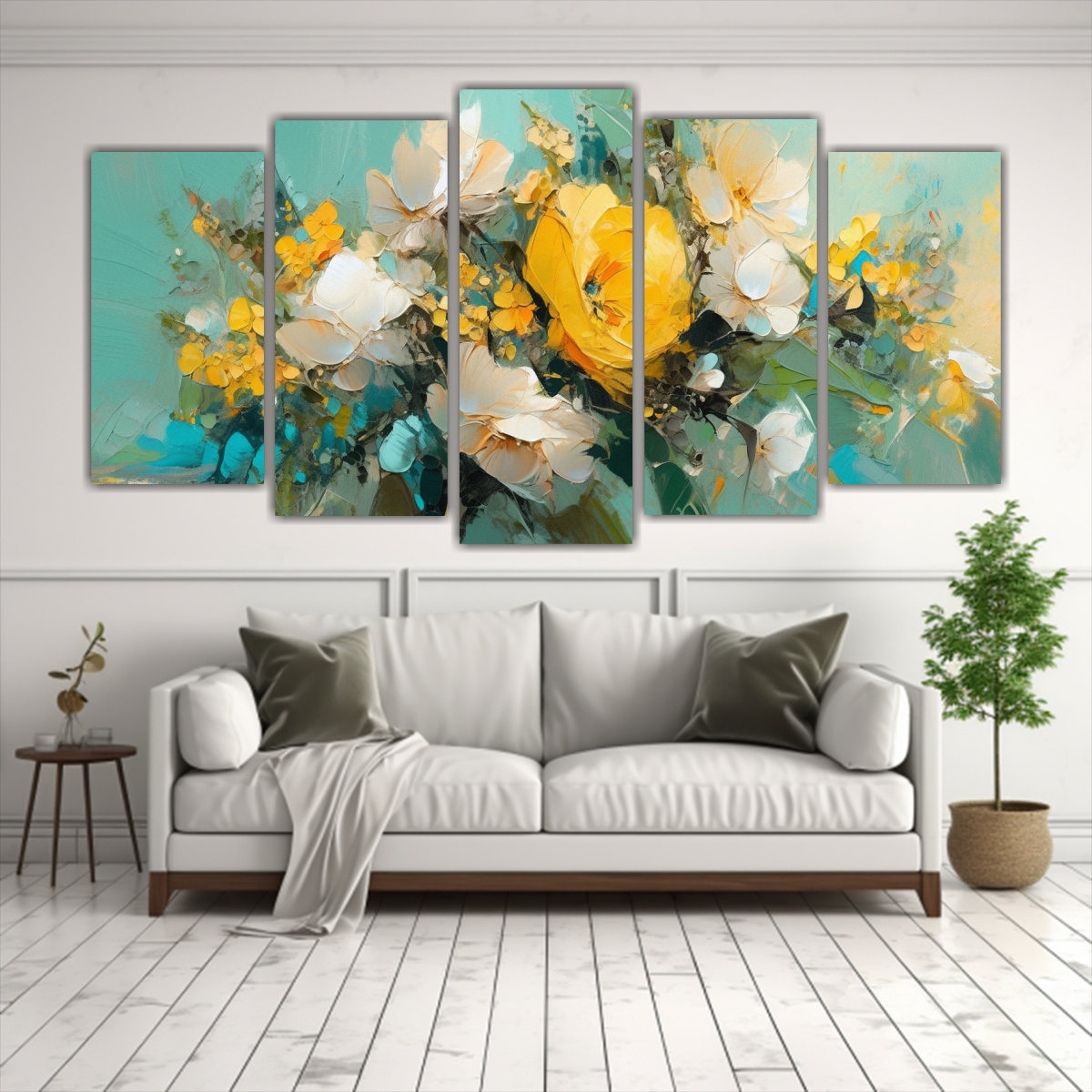 pintura-en-lienzo-decorativo-habitaci-n-con-flores-amarillas-y-turquesas-1