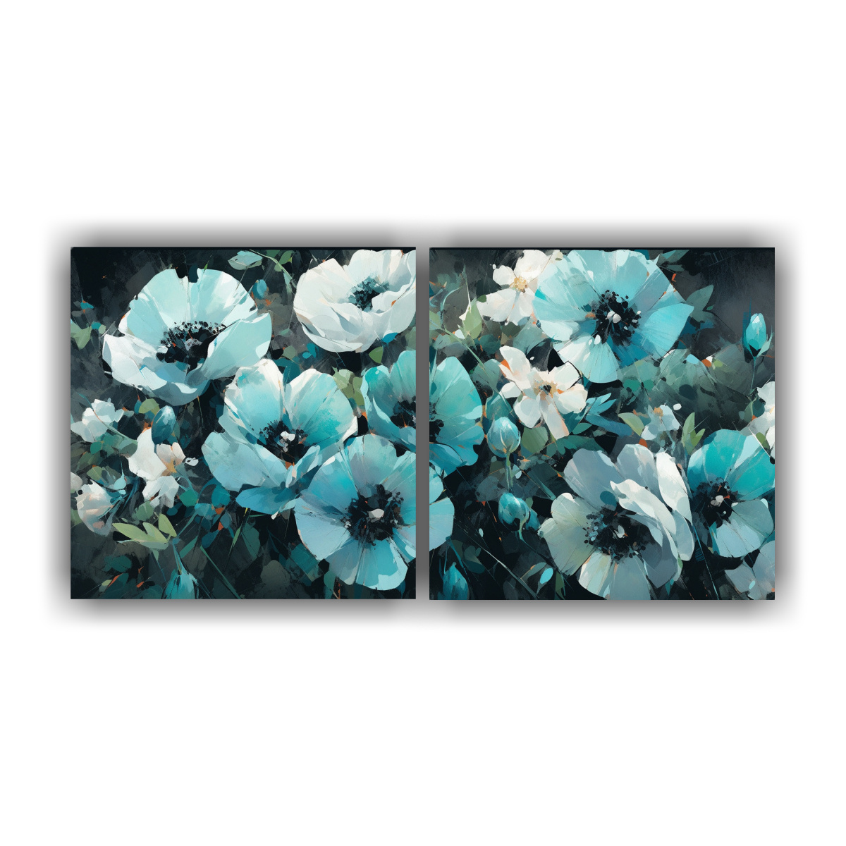 pintura-en-tela-de-flores-en-colores-turquesa-y-negro-dos-cuadros-