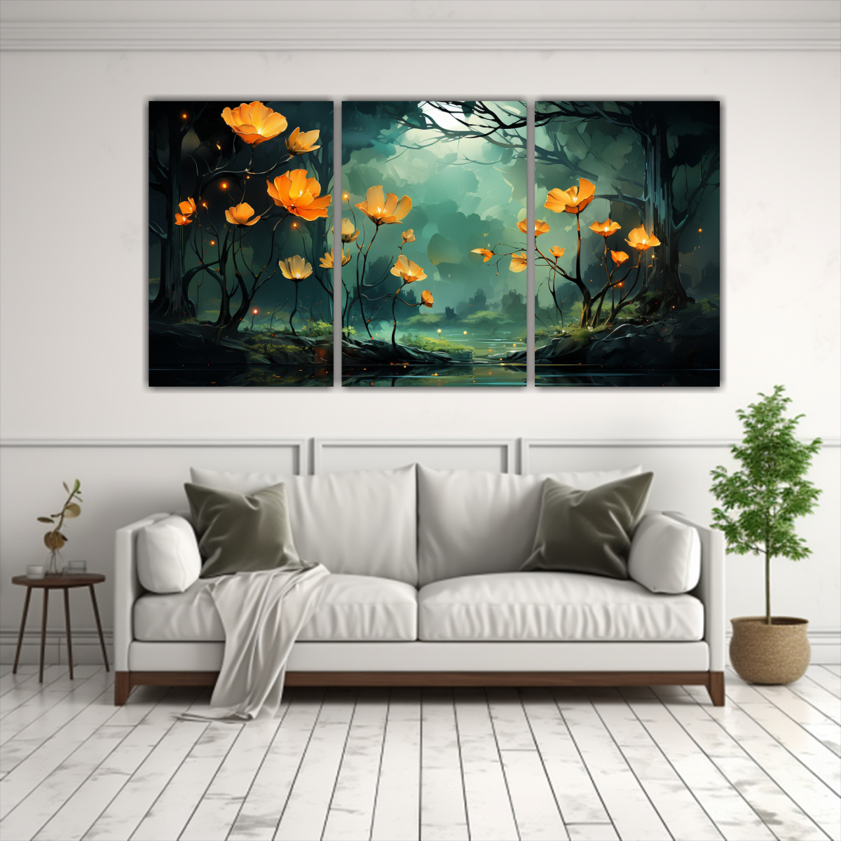 pintura-mural-de-rbol-de-aspen-en-colores-verde-y-naranja-ambiente-neonoir-1