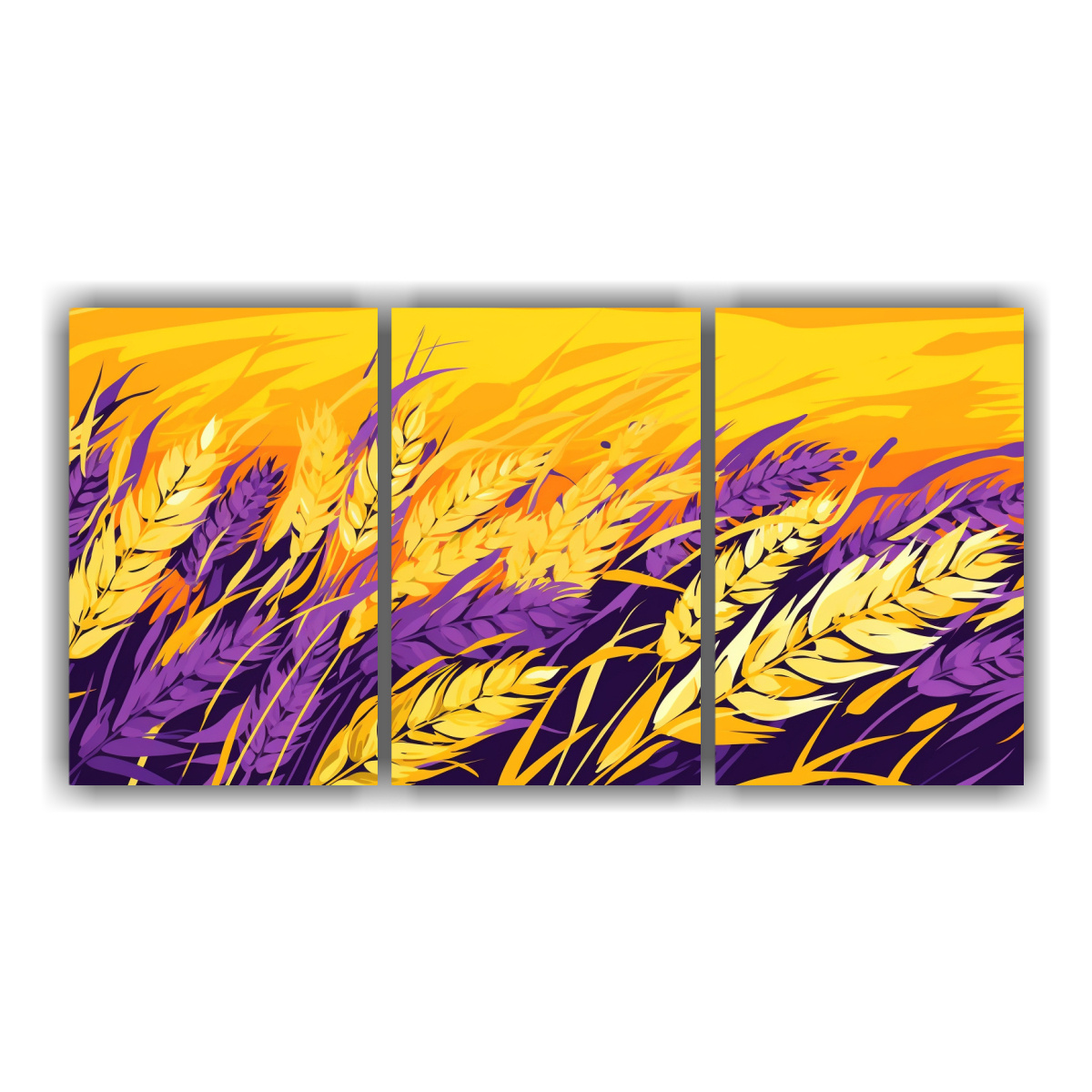 pintura-mural-moderna-en-tres-lienzos-de-tela-con-granos-de-arroz-en-amarillo-y-morado-ambiente-neonoir-