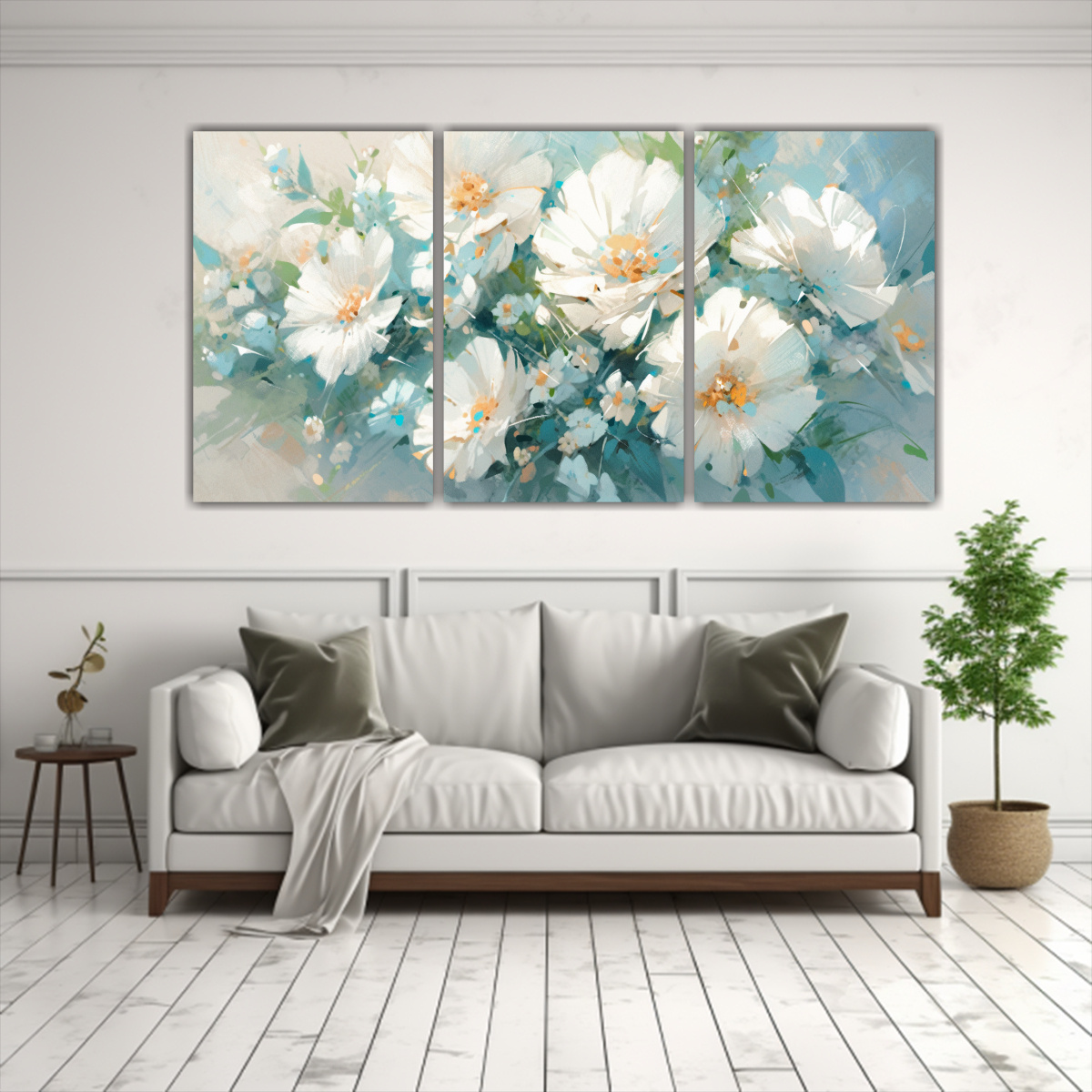 pintura-original-tres-artes-calidos-flores-blancas-y-turquesa-sobre-lienzo-i-decoraci-n-de-pinturas-1