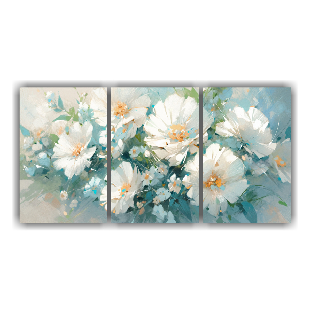 pintura-original-tres-artes-calidos-flores-blancas-y-turquesa-sobre-lienzo-i-decoraci-n-de-pinturas