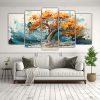 pinturas-abstractas-decorativas-en-tonos-turquesa-y-naranja-conjunto-de-5-cuadros-con-un-rbol-de-cipr-s-refinado-1