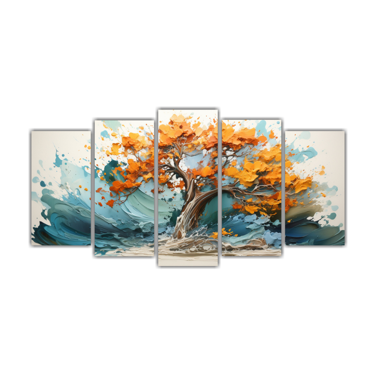 pinturas-abstractas-decorativas-en-tonos-turquesa-y-naranja-conjunto-de-5-cuadros-con-un-rbol-de-cipr-s-refinado