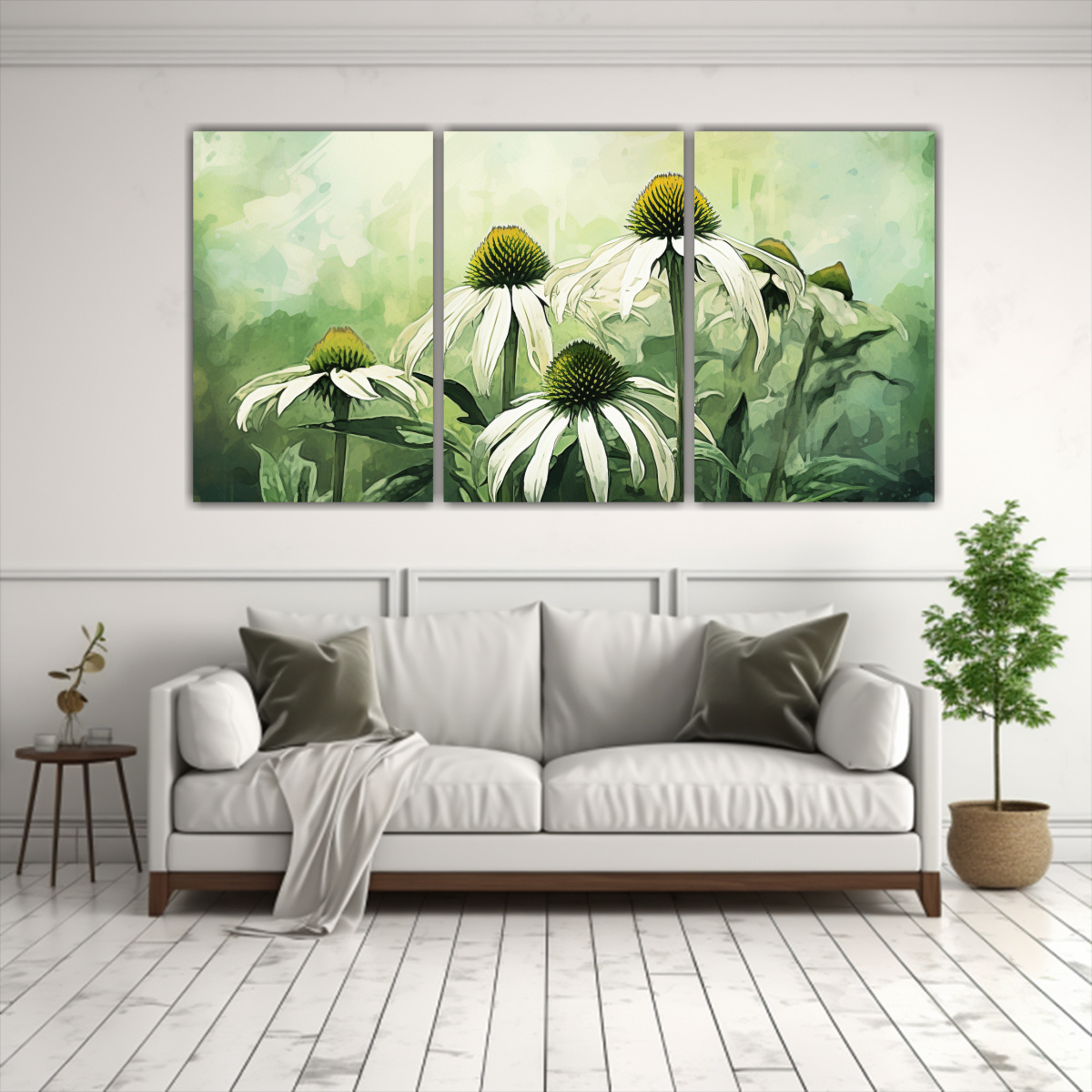 pinturas-abstractas-exclusivas-de-tres-composiciones-flores-de-coneflower-en-colores-verde-y-blanco-con-atm-sfera-neonoir-1