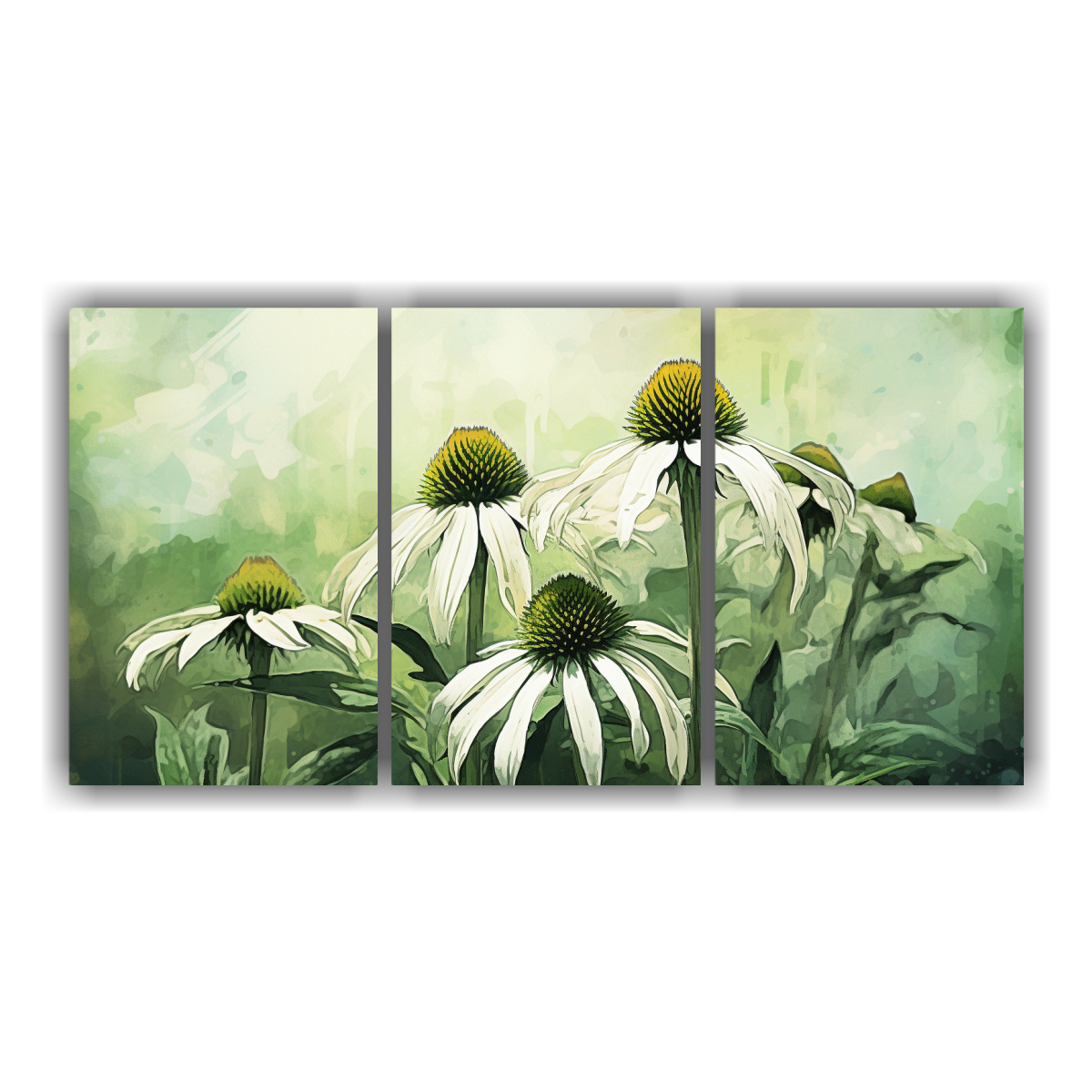 pinturas-abstractas-exclusivas-de-tres-composiciones-flores-de-coneflower-en-colores-verde-y-blanco-con-atm-sfera-neonoir
