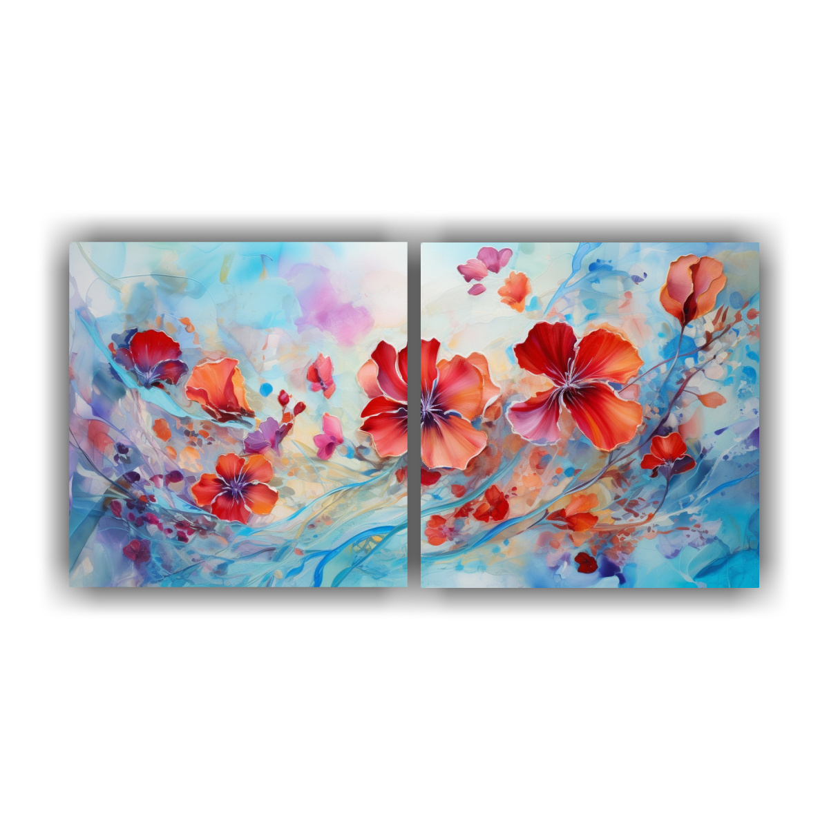 pinturas-abstractas-movimientos-originales-en-rojo-y-turquesa-con-flores-violetas