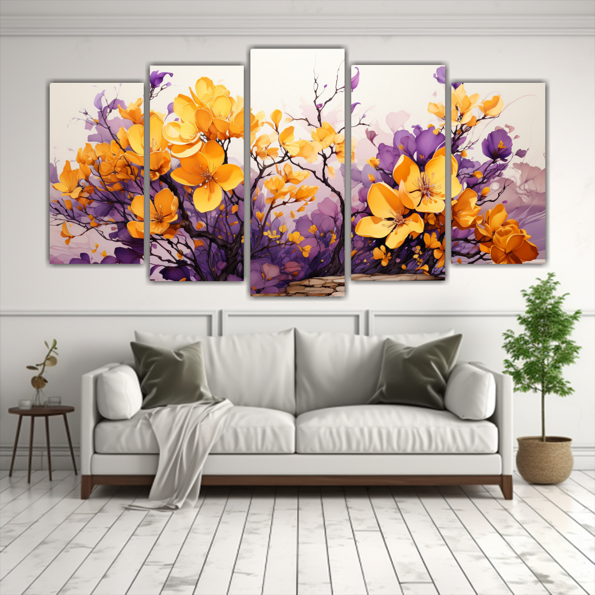 pinturas-creativas-cinco-cuadros-de-un-rbol-de-acebo-en-amarillo-y-p-rpura-con-atm-sfera-neonoir-1