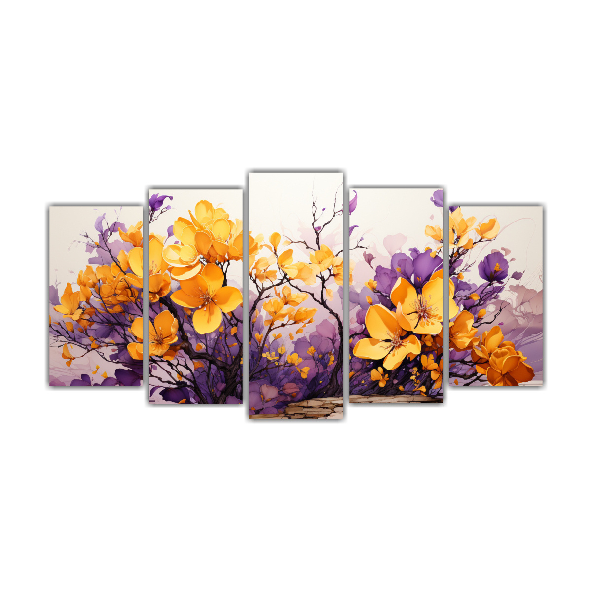 pinturas-creativas-cinco-cuadros-de-un-rbol-de-acebo-en-amarillo-y-p-rpura-con-atm-sfera-neonoir