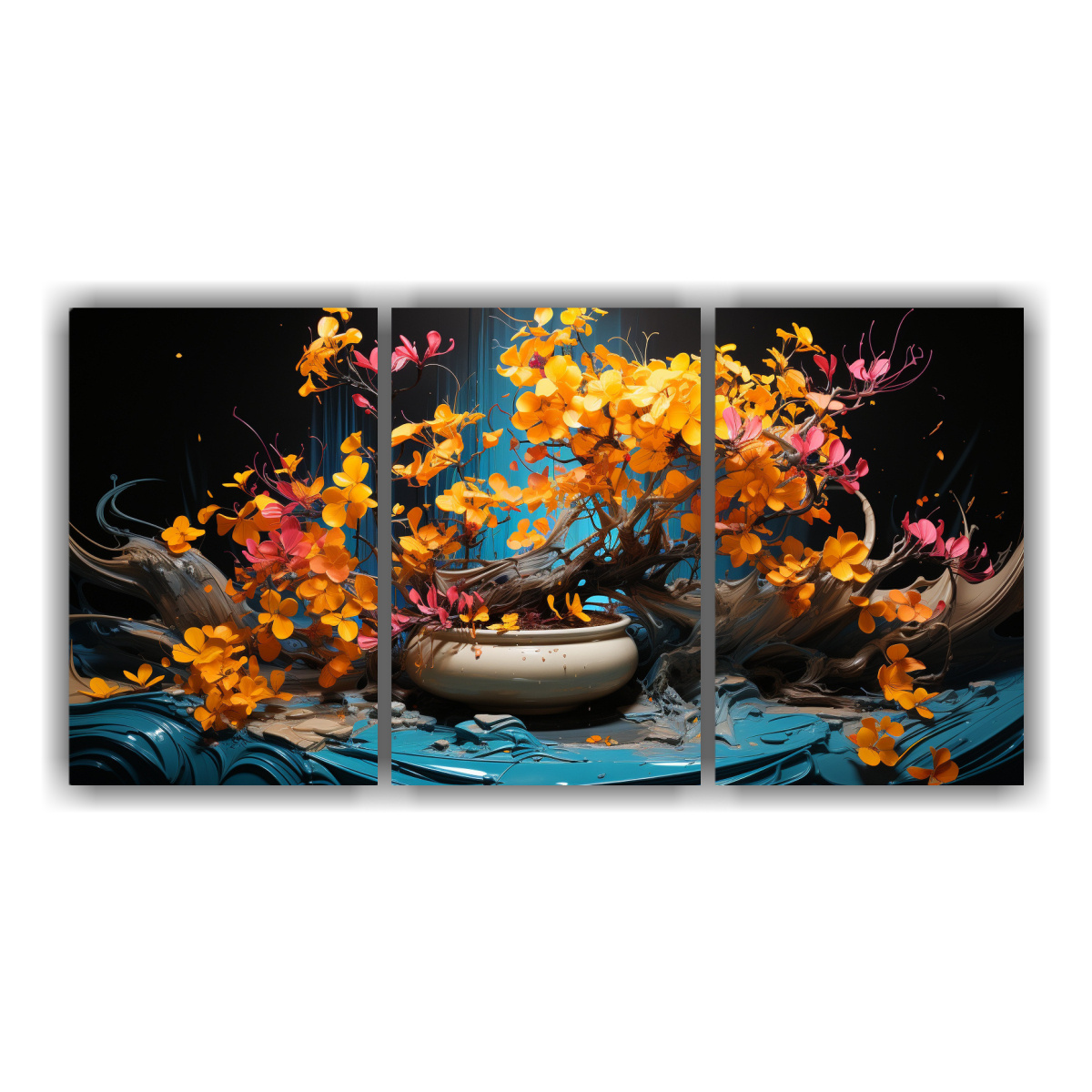 pinturas-decorativas-creativas-de-alta-resoluci-n-en-fucsia-amarillo-y-turquesa-bons-i-neonoir-en-tres-telas-en-bastidor