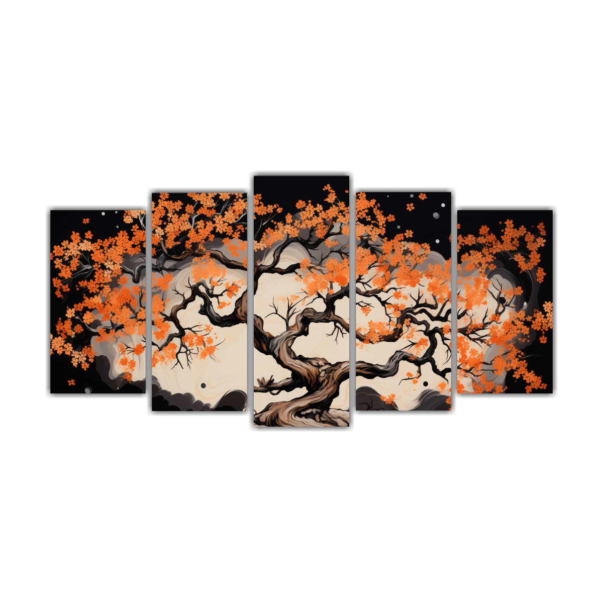 pinturas-decorativas-de-alta-calidad-en-lienzo-cinco-rbol-de-roble-en-colores-naranja-y-negro-atm-sfera-neonoir-elegante