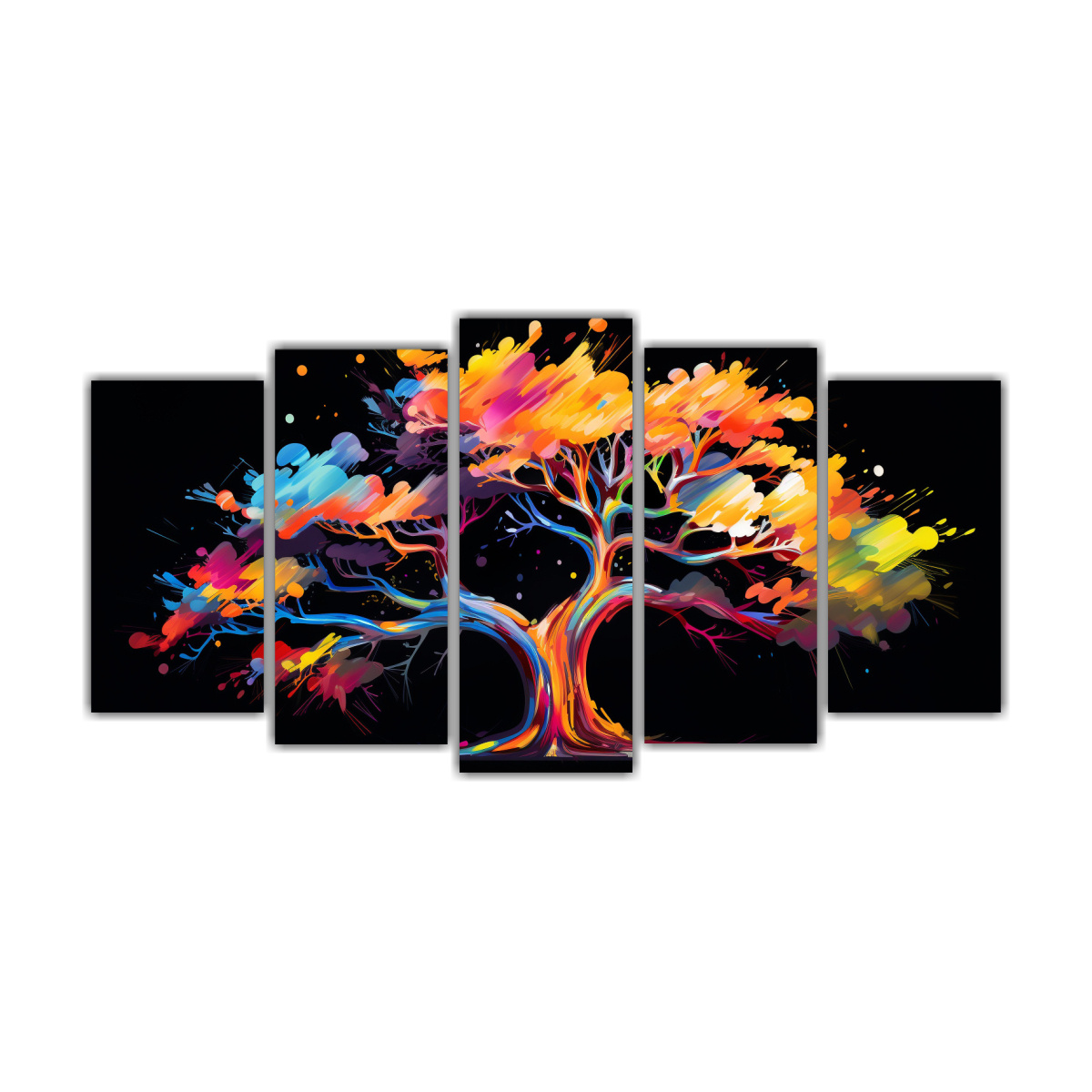 pinturas-decorativas-de-cinco-lienzos-tonos-reflejo-a-rbol-de-madro-o-en-colores-del-arco-ris-ambiente-neonoir