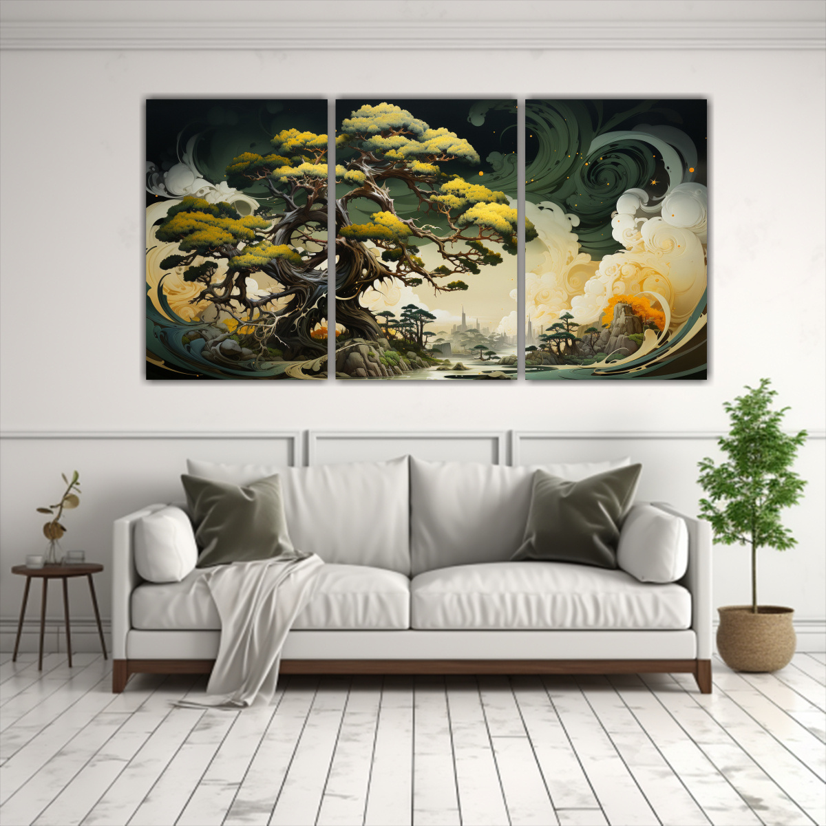 pinturas-decorativas-de-rbol-de-enebro-en-amarillo-y-verde-con-escenario-intenso-en-tres-bastidores-1