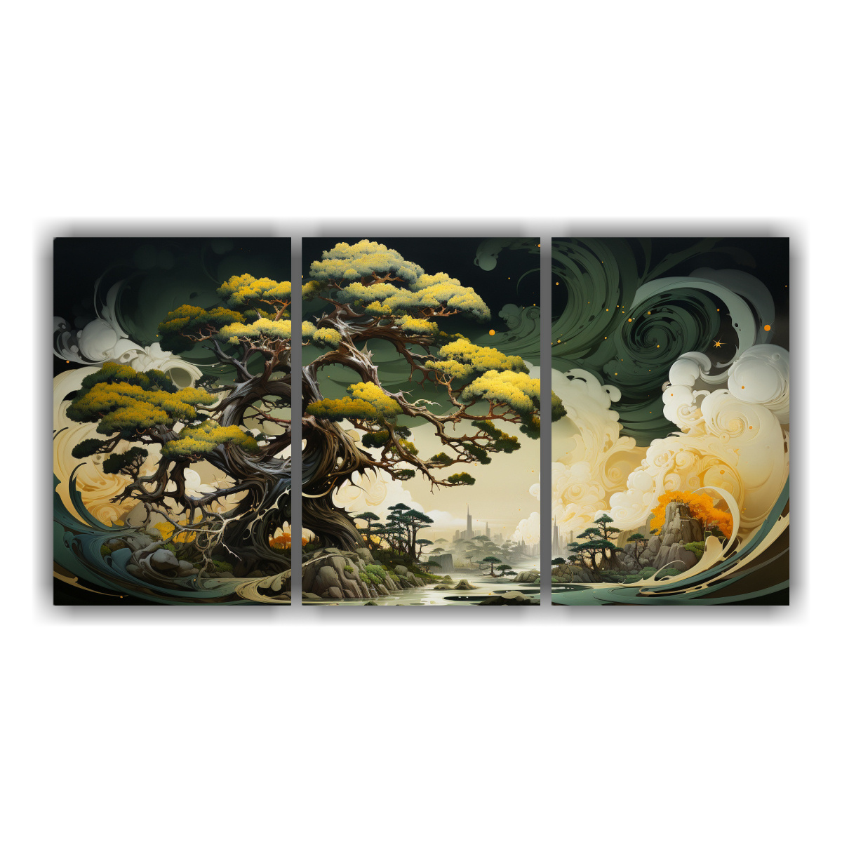 pinturas-decorativas-de-rbol-de-enebro-en-amarillo-y-verde-con-escenario-intenso-en-tres-bastidores