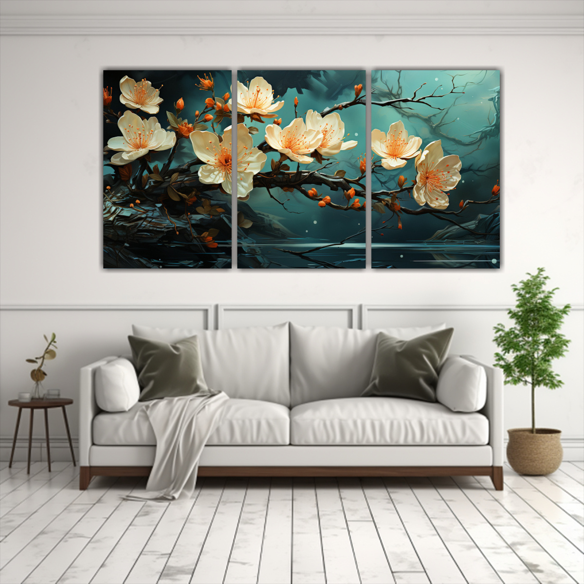 pinturas-decorativas-en-lienzo-con-motivo-de-un-melocotonero-en-colores-verdes-y-ambiente-neonoir-neo-pop-1