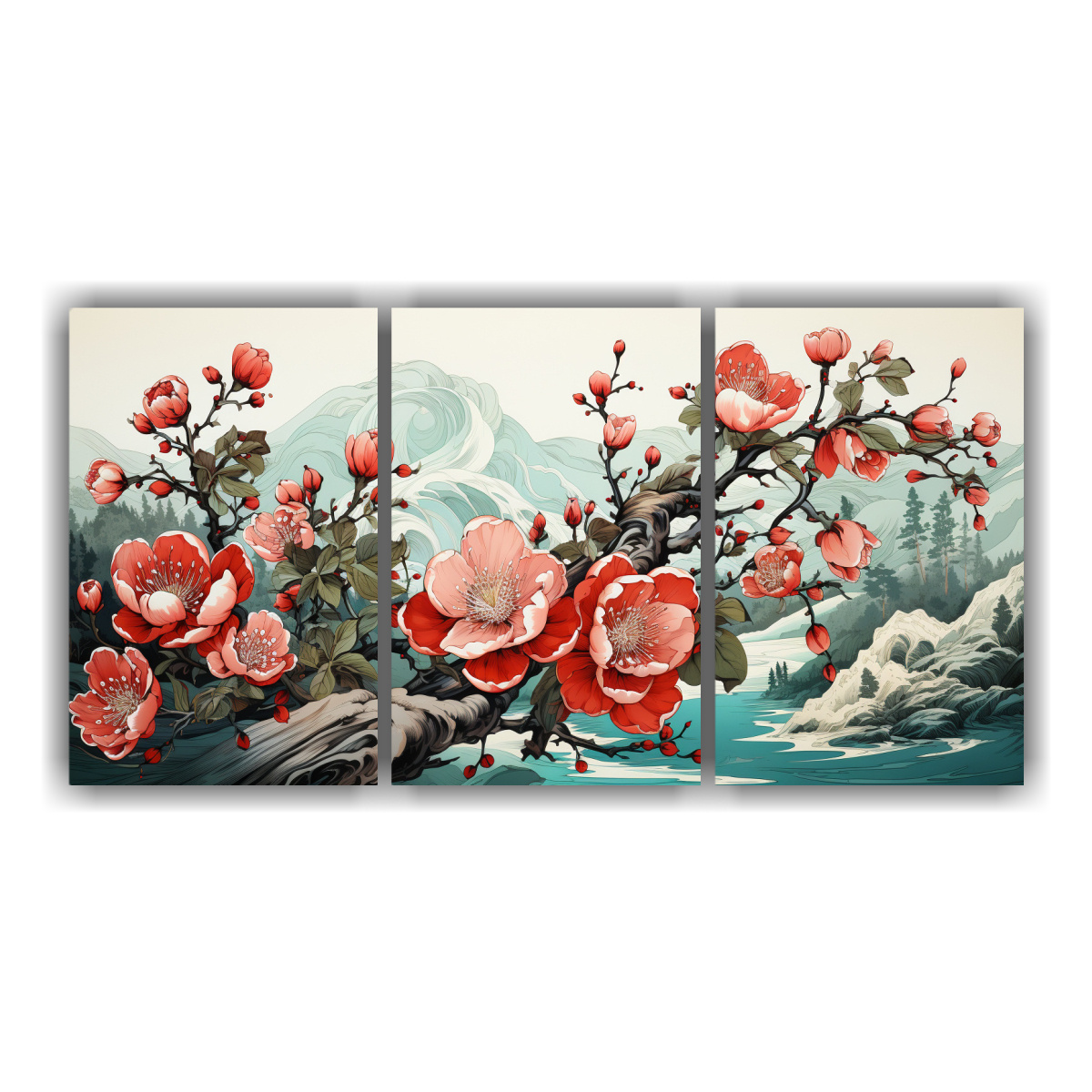 pinturas-decorativas-inspiraci-n-poder-en-rbol-de-durazno-en-verde-y-negro-con-atm-sfera-neonoir-para-set-de-3-telas-en-bastidor-