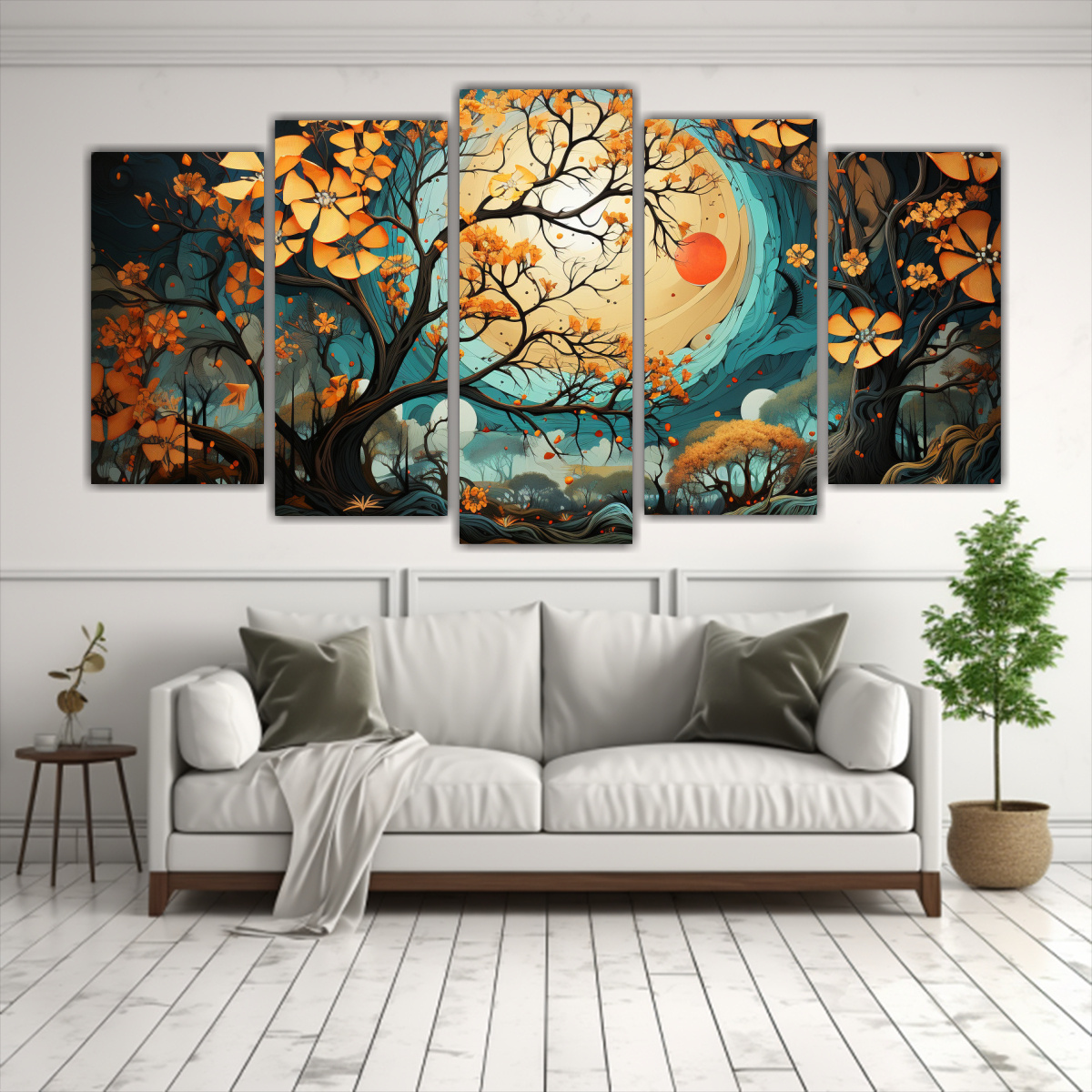 pinturas-decorativas-inspiradas-en-cocina-a-un-rbol-de-algod-n-en-colores-turquesa-y-naranja-estilo-neonoir-1