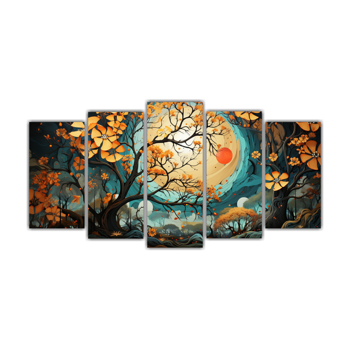 pinturas-decorativas-inspiradas-en-cocina-a-un-rbol-de-algod-n-en-colores-turquesa-y-naranja-estilo-neonoir