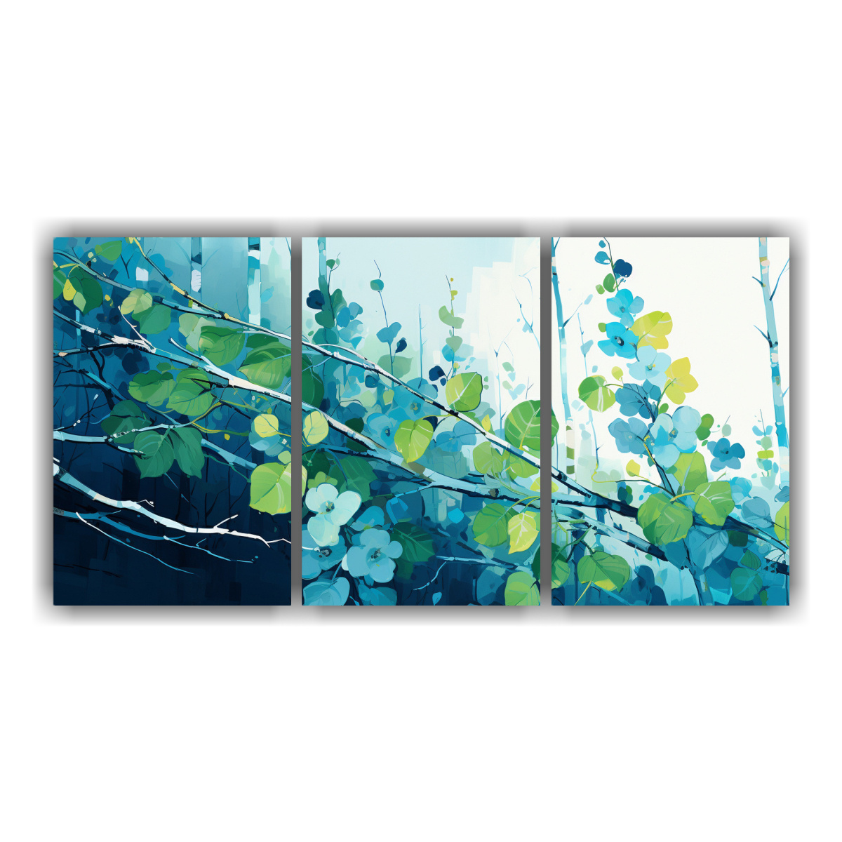 pinturas-decorativas-tres-composiciones-colores-personalidad-un-rbol-de-abedul-en-tonos-verde-y-azul-con-atm-sfera-neonoir