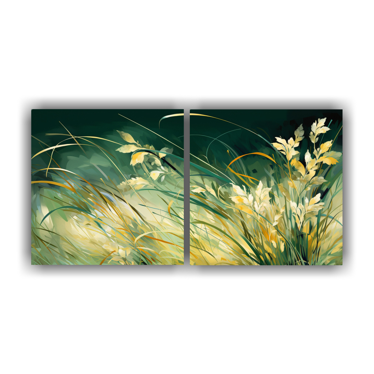 set-2-lienzos-acuarela-detalles-intrincados-hierba-de-carrizo-en-colores-verde-y-dorado-atmosfera-neonoir