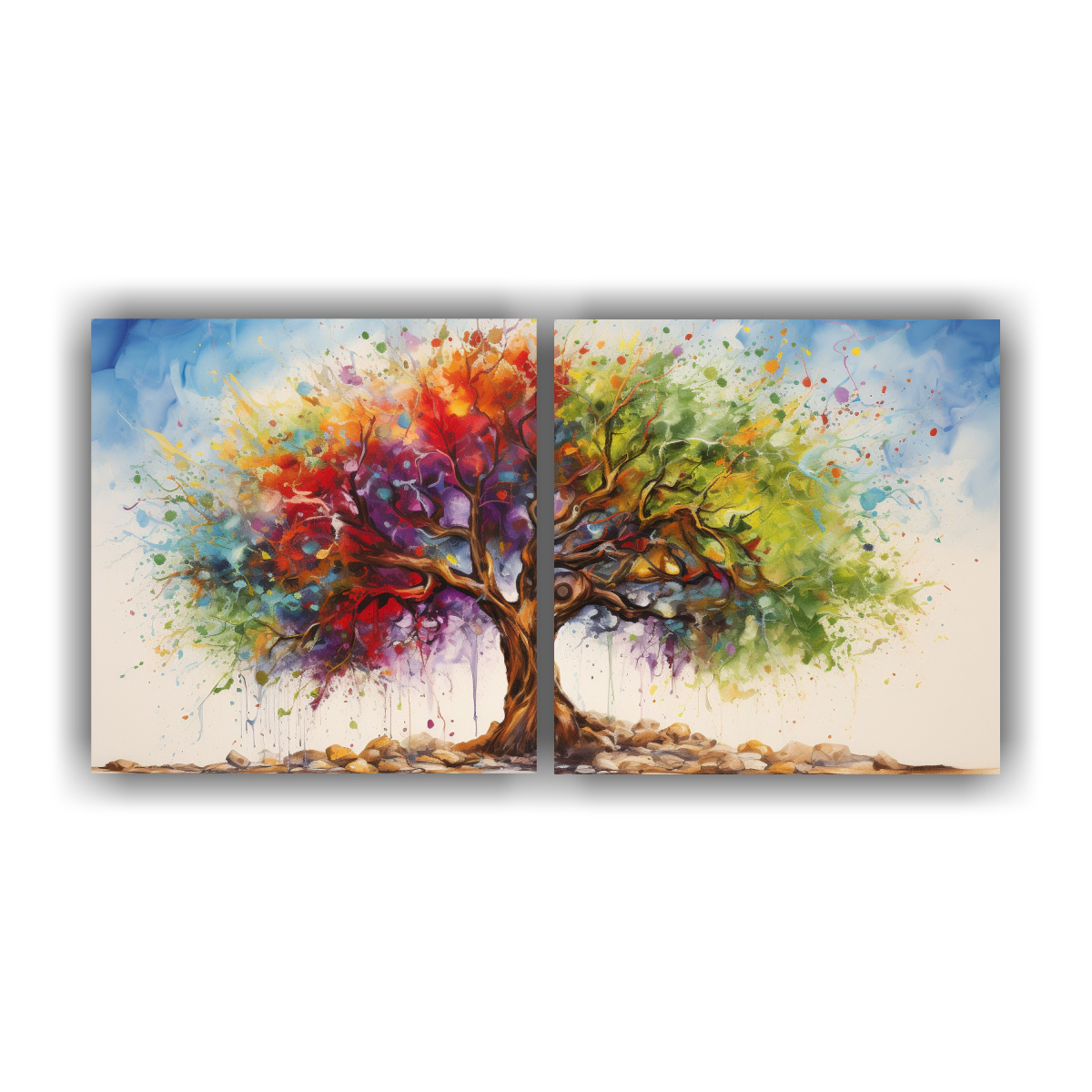 set-2-lienzos-de-tela-expresi-n-fantas-a-arco-ris-en-rbol-de-oliva