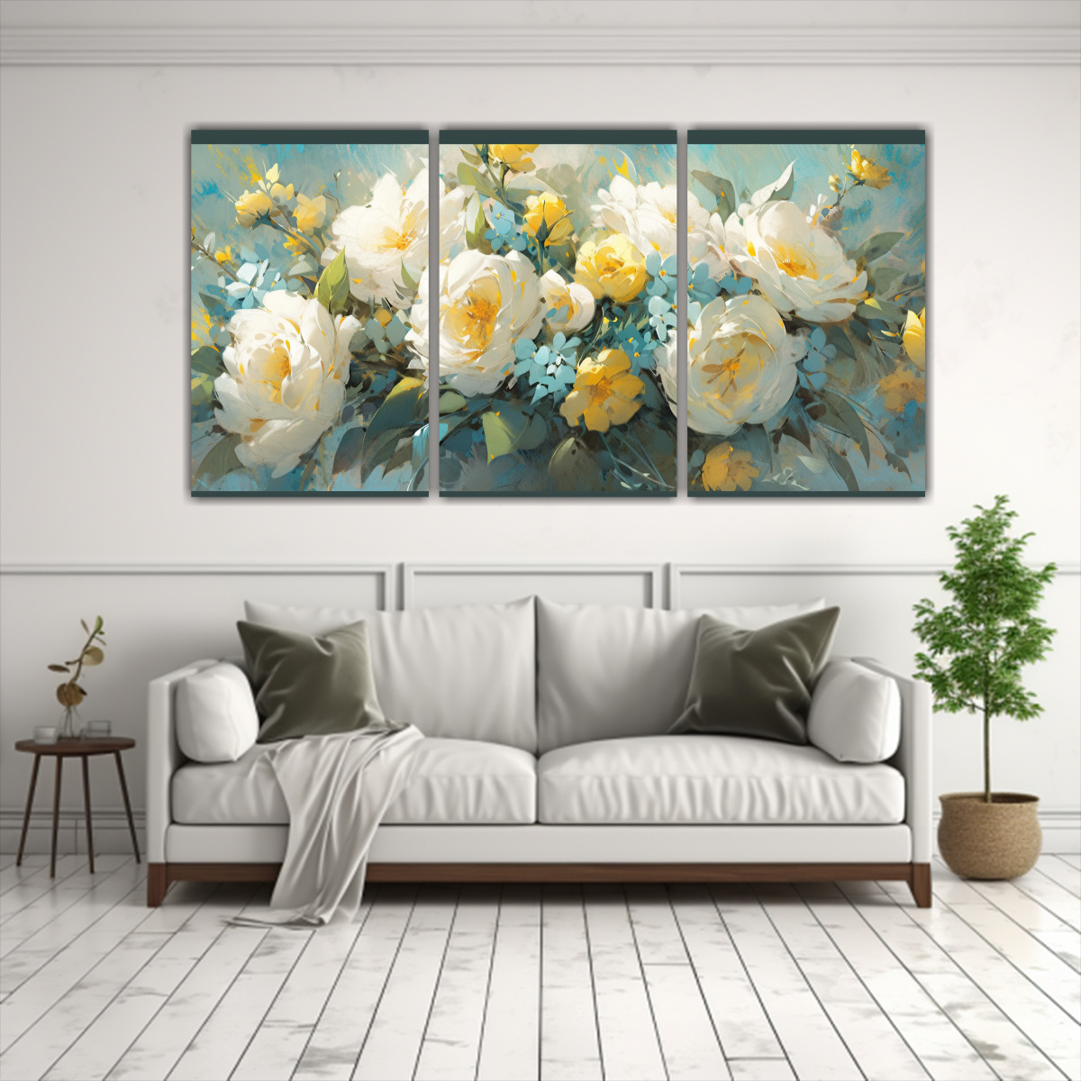 set-3-lienzos-de-tela-dise-o-nico-amarillo-y-cian-flores-en-pintura-sobre-lienzo-1