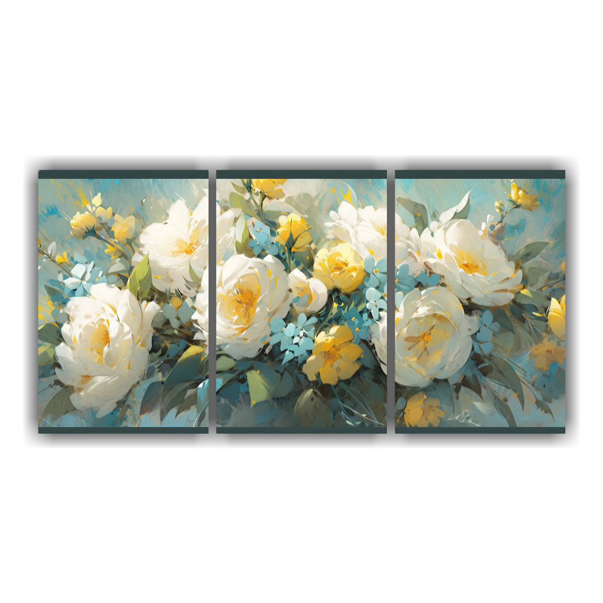 set-3-lienzos-de-tela-dise-o-nico-amarillo-y-cian-flores-en-pintura-sobre-lienzo