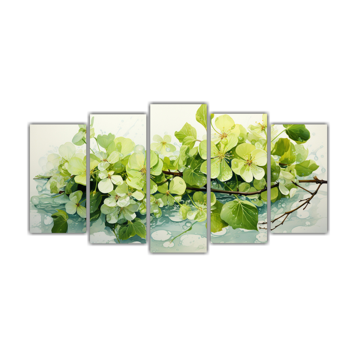 set-5-cuadro-de-arte-reflejo-de-flores-de-tilos-colores-verdes-pintura-abstracta-acuarela