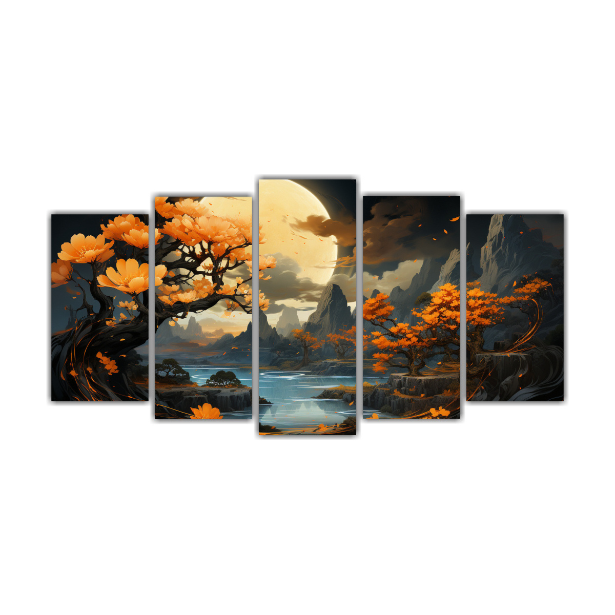 set-5-cuadros-conceptuales-de-espacio-con-rbol-arbutus-en-amarillo-y-dorado-neonoir