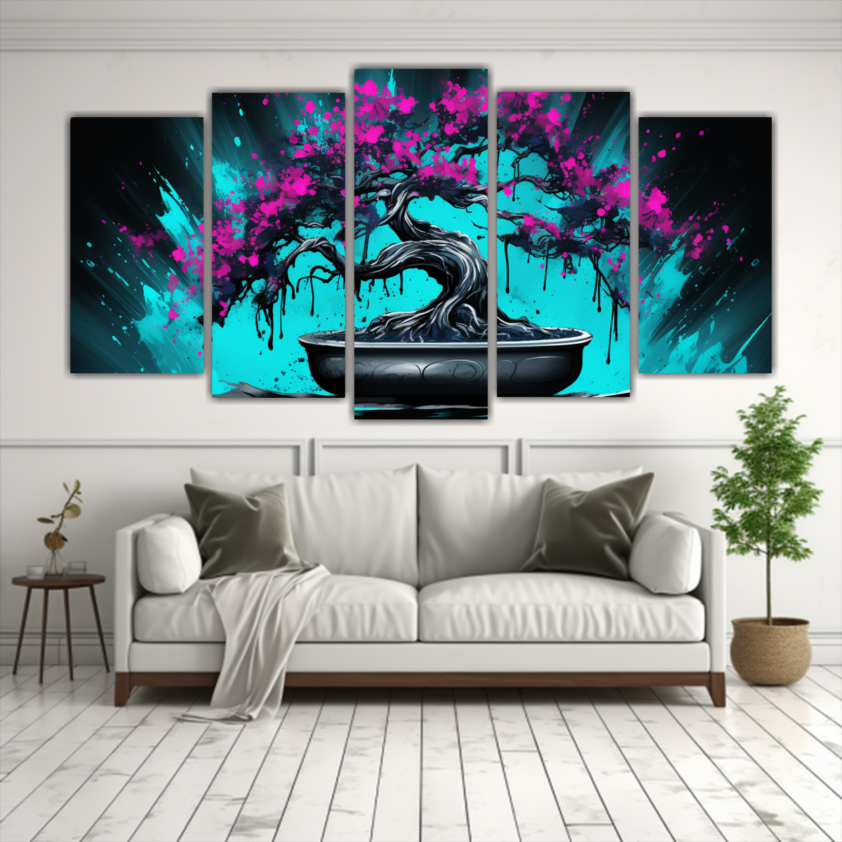 set-5-cuadros-de-tela-canvas-con-figuras-de-un-rbol-de-bons-i-bougainvillea-en-colores-turquesa-y-negro-1