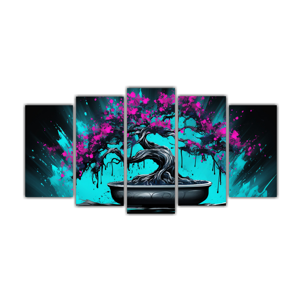 set-5-cuadros-de-tela-canvas-con-figuras-de-un-rbol-de-bons-i-bougainvillea-en-colores-turquesa-y-negro