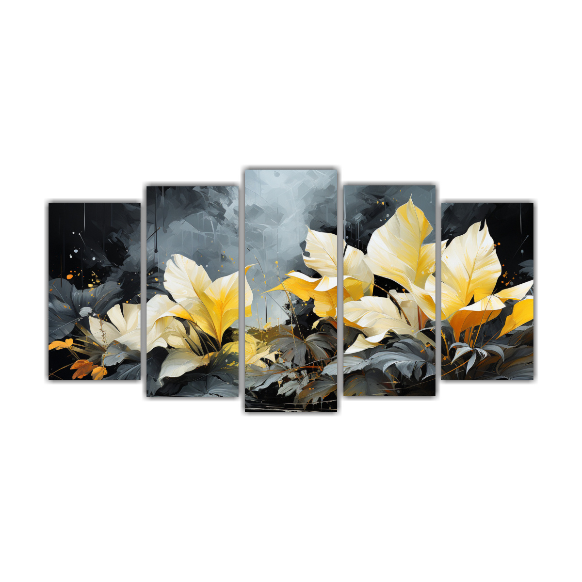 set-5-telas-en-bastidor-dise-o-adorno-hojas-de-banana-en-blanco-y-negro-ambiente-neonoir