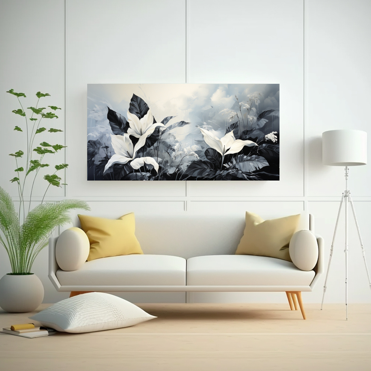 tela-bastidor-abstracto-luminoso-con-hojas-de-pl-tano-en-colores-blanco-y-negro-atm-sfera-neonoir-1