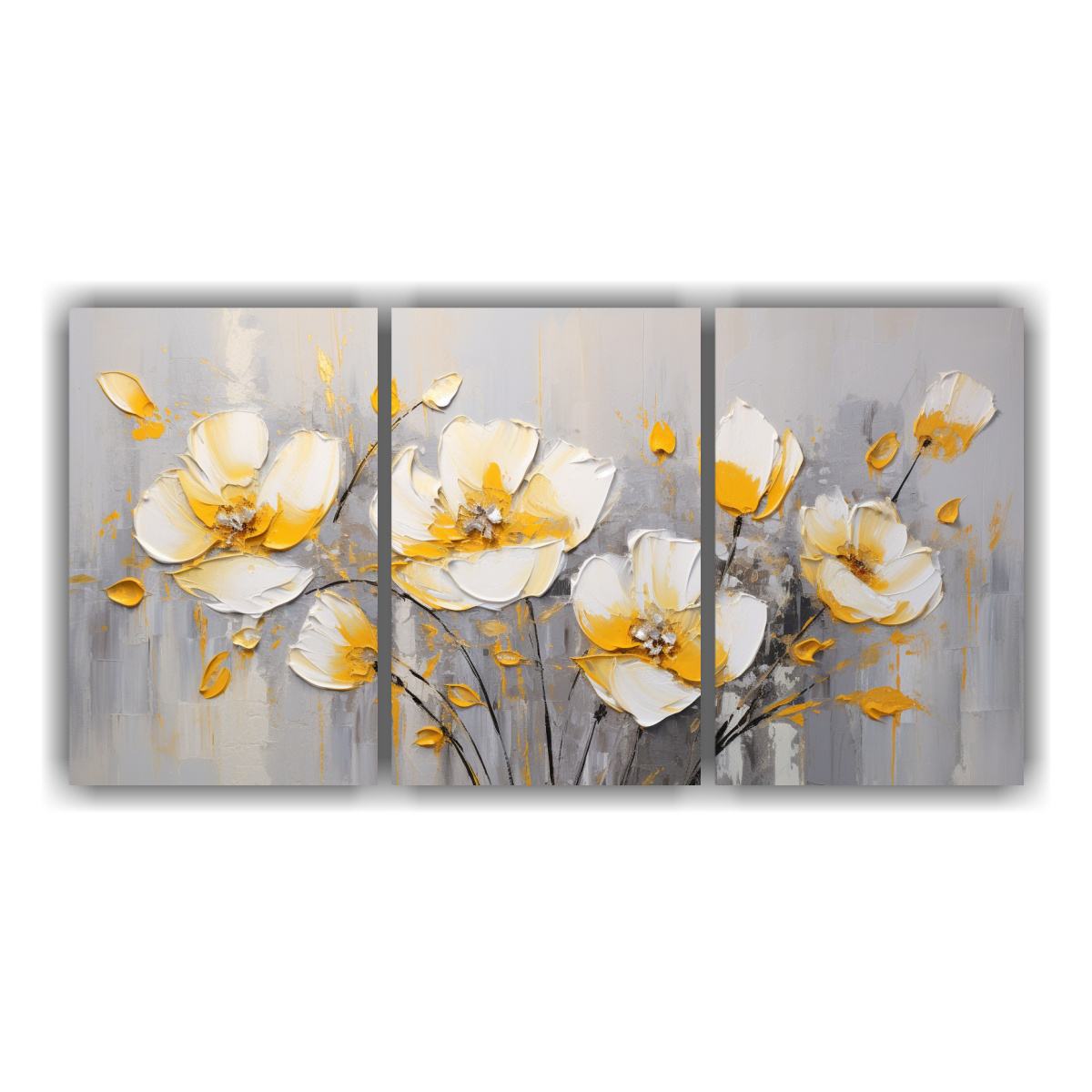 tres-lienzos-de-tela-dibujo-espacio-con-flores-amarillas-y-plateadas