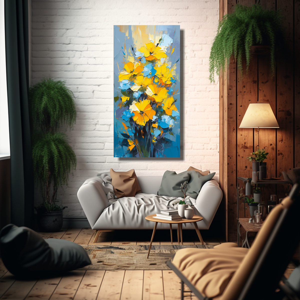 cuadro-abstracto-amarillo-y-cian-en-tela-pintura-de-flores-en-bastidor-1