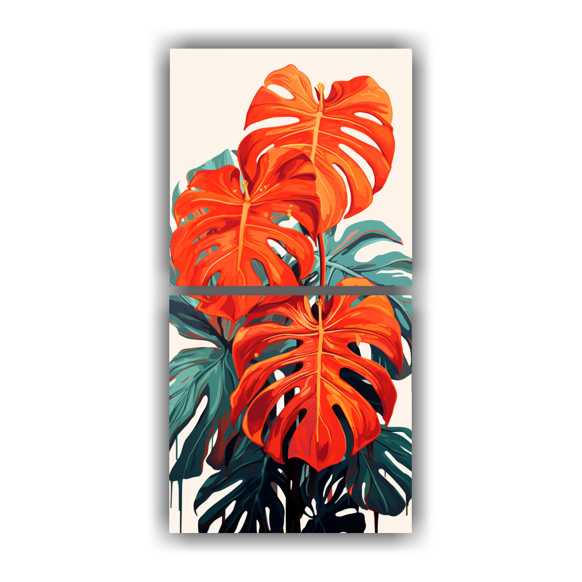 cuadros-abstractos-de-lienzo-para-cocina-con-hojas-de-monstera-en-colores-rojo-y-naranja-atmos-neonoir-