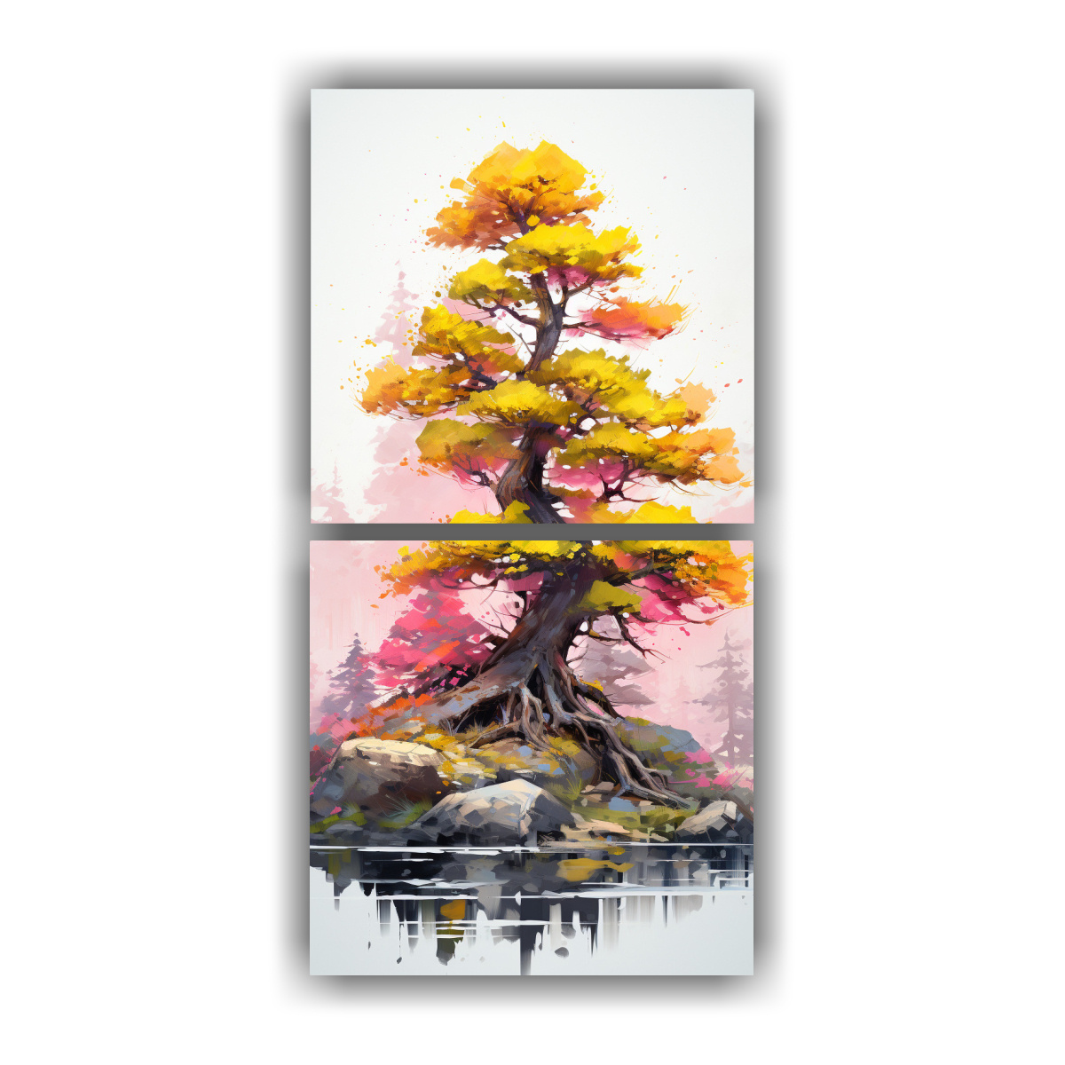 cuadros-abstractos-innovadores-de-finas-l-neas-con-rbol-bons-i-de-colores-amarillo-y-rosa